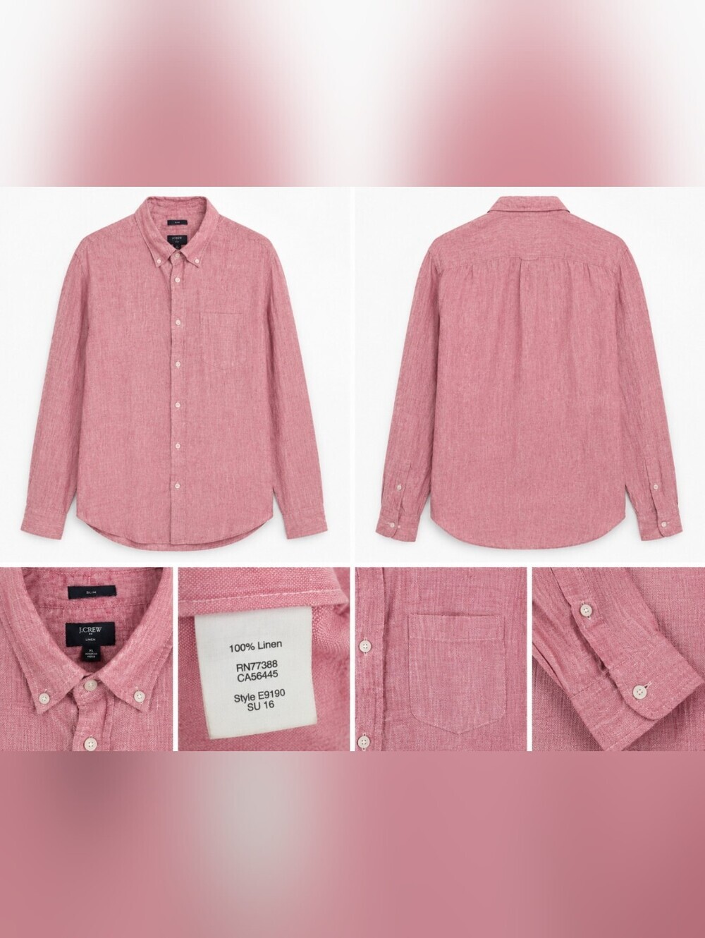 J.Crew 100% Linen Button Front Shirt Men's XL Pink Slim Fit Long Sleeve.